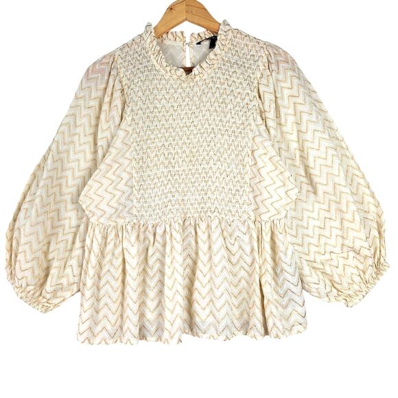 Womens Top XL Boho Chic Peasant Cottagecore Smocked Chevron Feminine Mock Neck - Picture 1 of 8